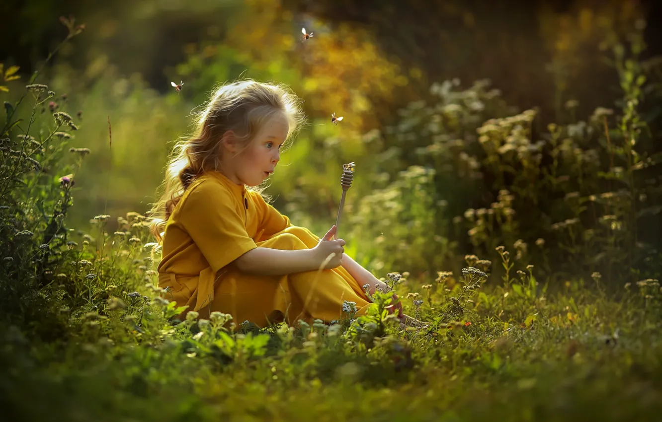 Photo wallpaper summer, grass, bee, surprise, honey, girl