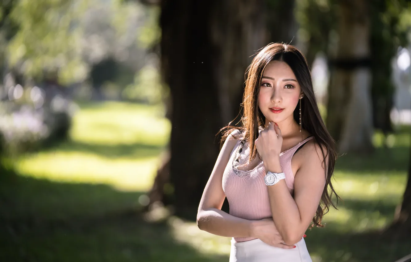 Photo wallpaper girl, sweetheart, hair, brown hair, Asian, bokeh