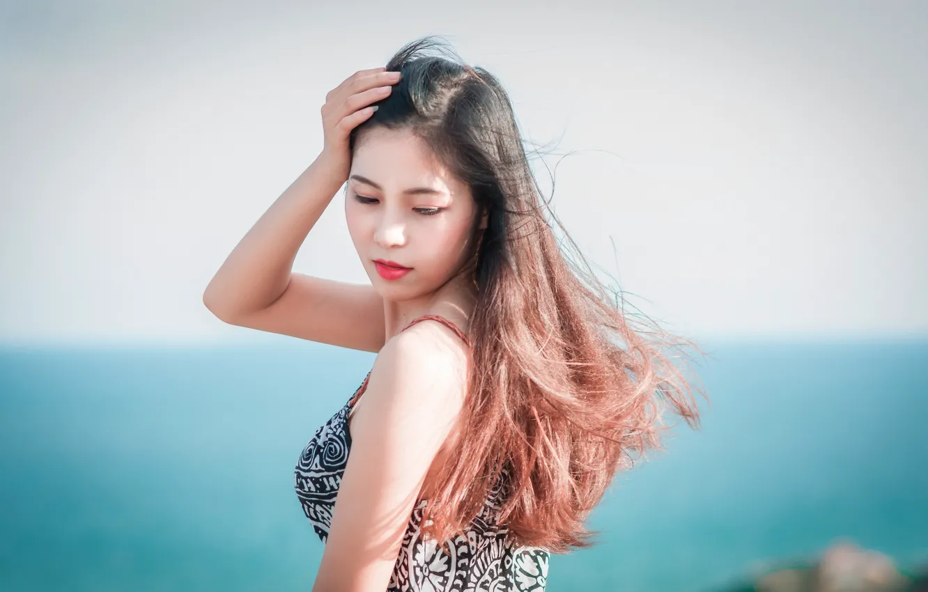 Photo wallpaper sea, girl, coast, hair, dress, Asian