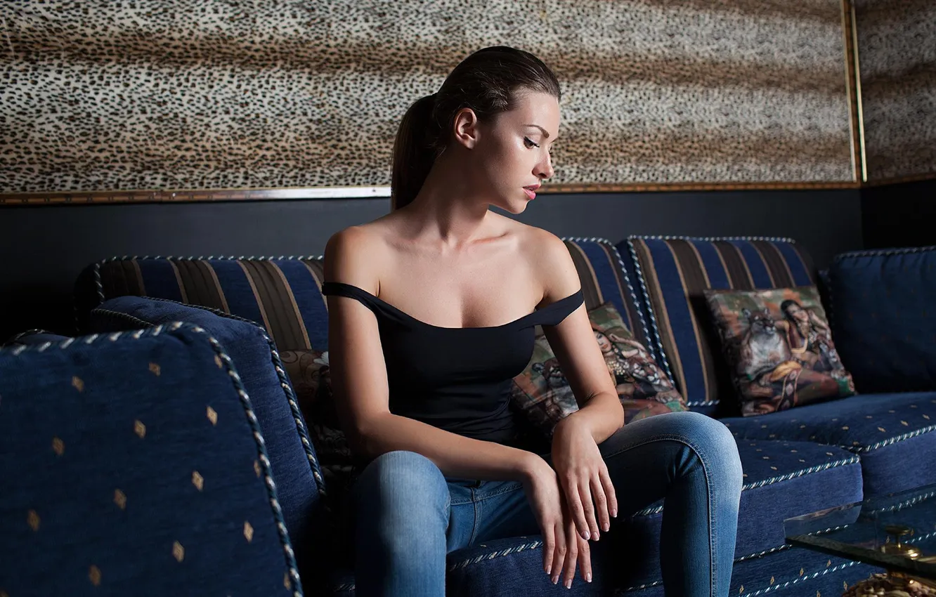 Photo wallpaper girl, beautiful, model, jeans, sweet, brunette, Charming, tank top