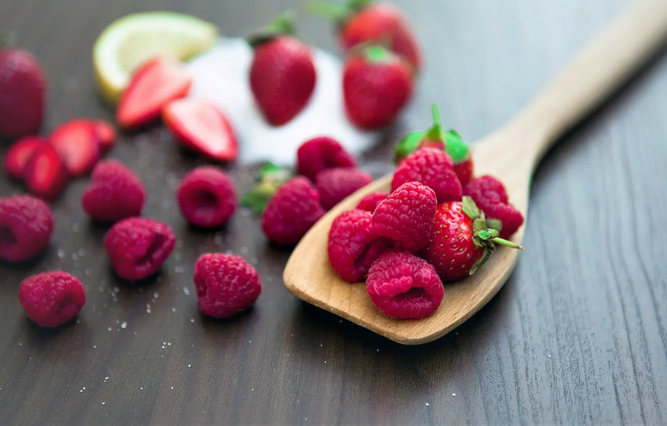 Photo wallpaper berries, raspberry, strawberry, blade