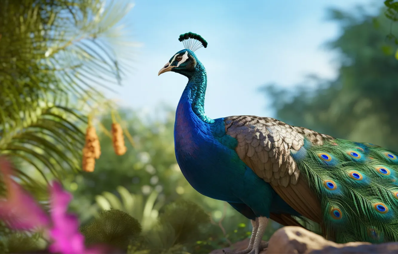 Photo wallpaper look, flowers, nature, bird, tail, peacock, AI art, neural network