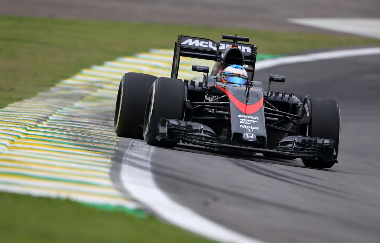 Photo wallpaper McLaren, Turn, Formula 1, Fernando Alonso, The curb
