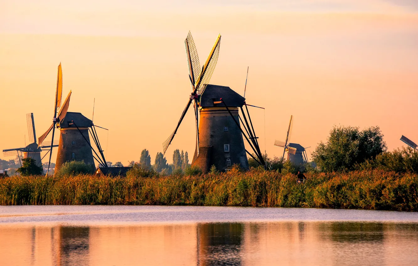 Photo wallpaper reflection, shore, mill, pond, Holland, wind, windmill