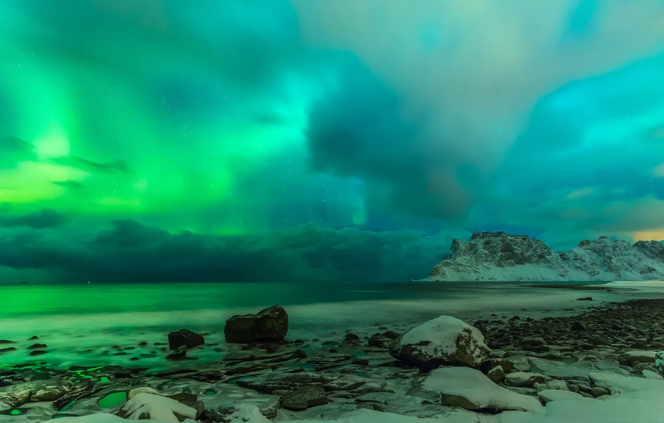 Photo wallpaper sea, clouds, stones, rocks, shore, Norway, The Lofoten Islands