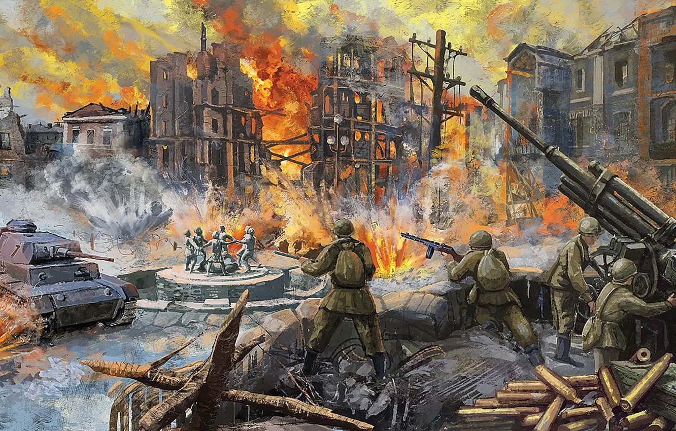 Photo wallpaper war, home, picture, Germany, battle, soldiers, the ruins, tank