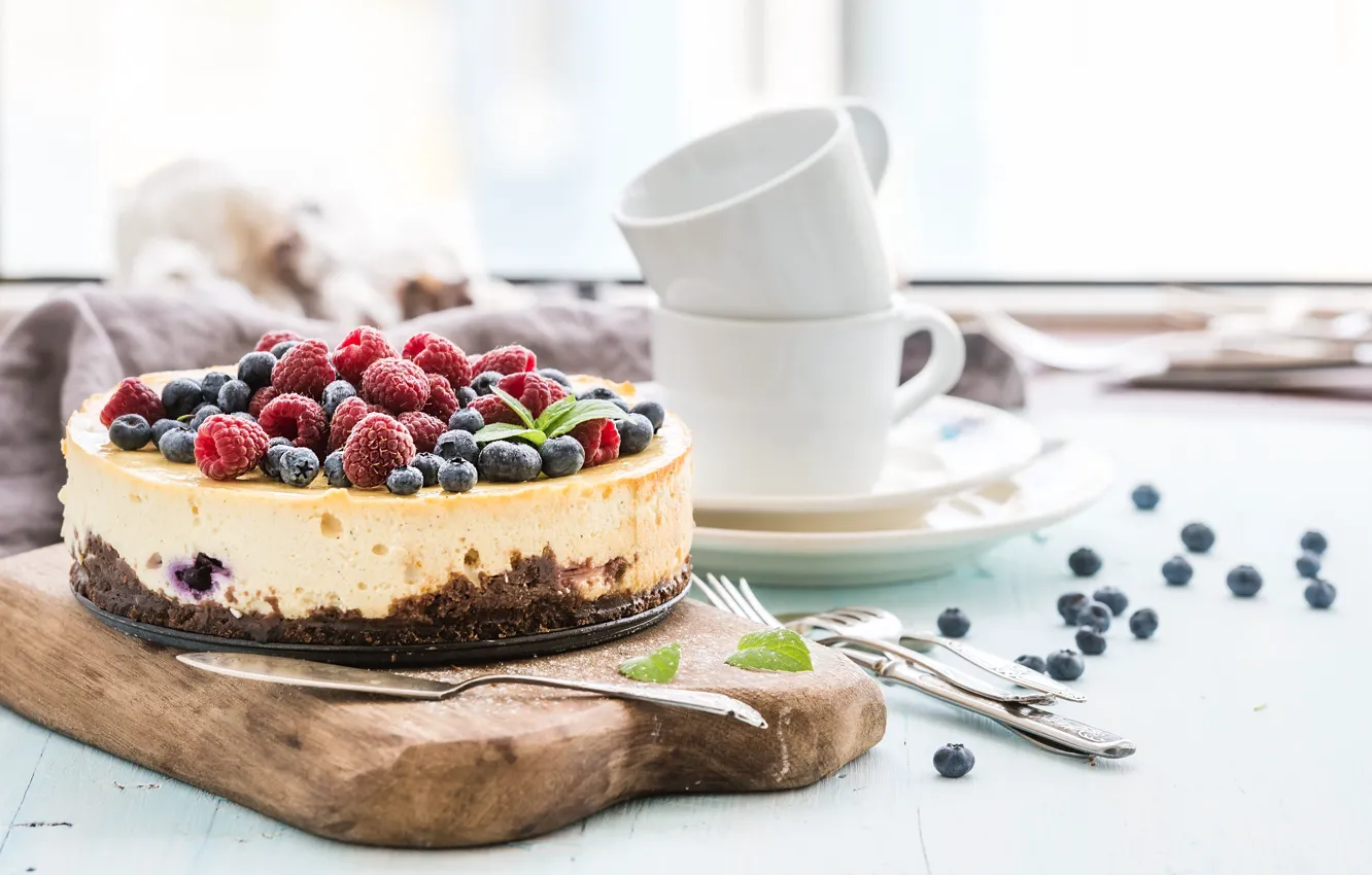 Photo wallpaper Cup, berries, cake, cutting Board, cheesecake, Karina Klachuk