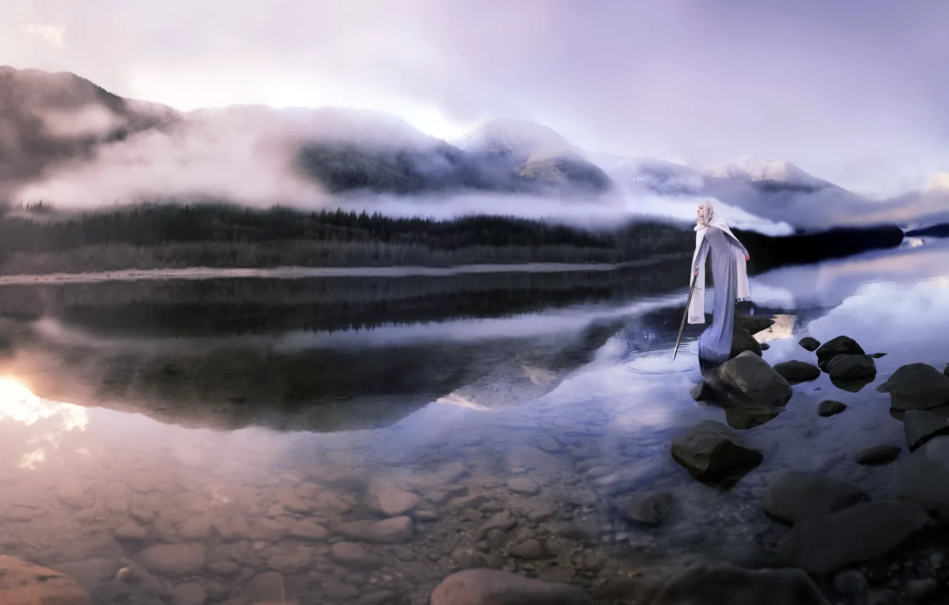 Photo wallpaper mountains, fog, river, sword, morning, virgin