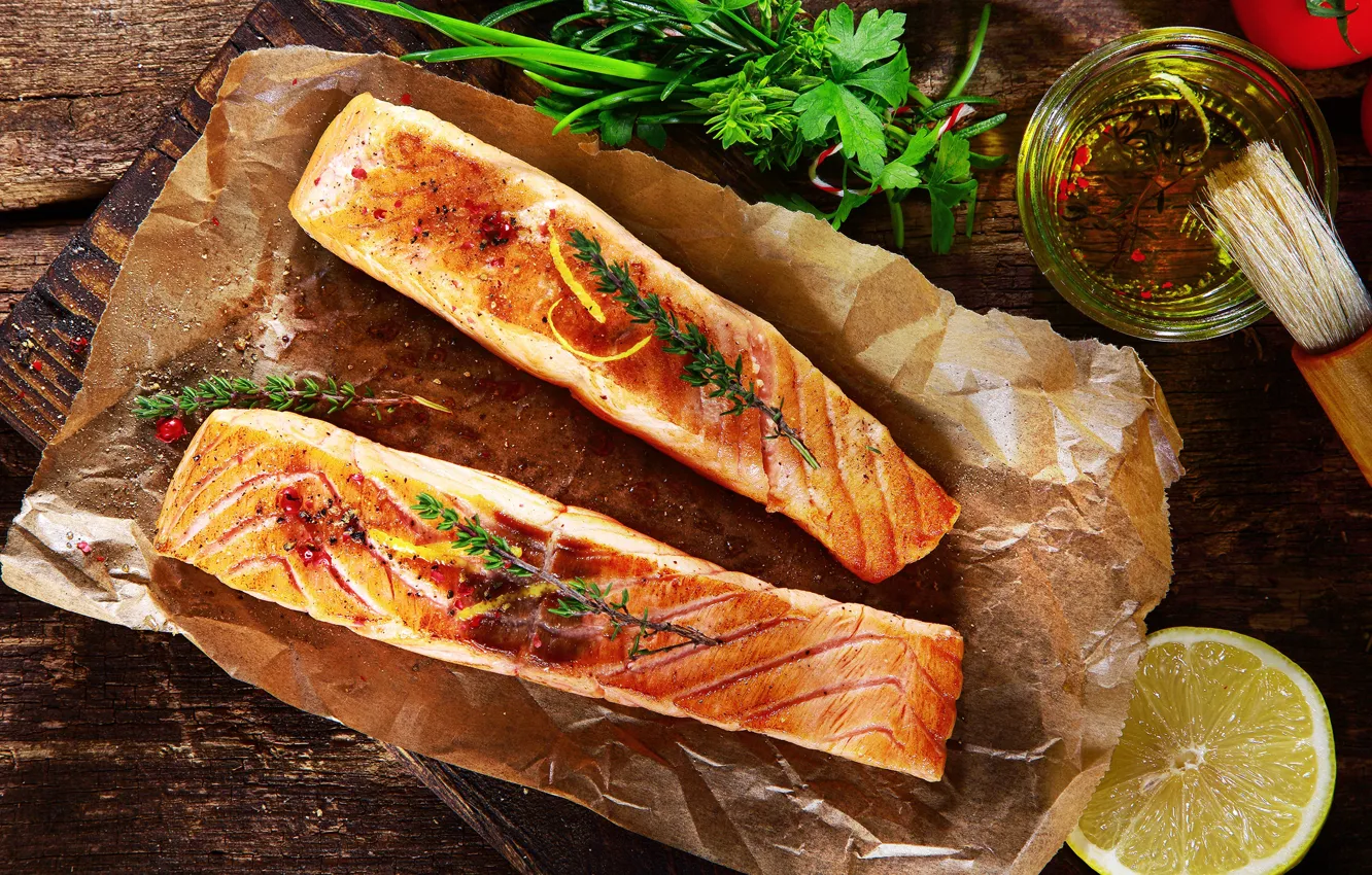 Photo wallpaper greens, lemon, oil, fish, spices