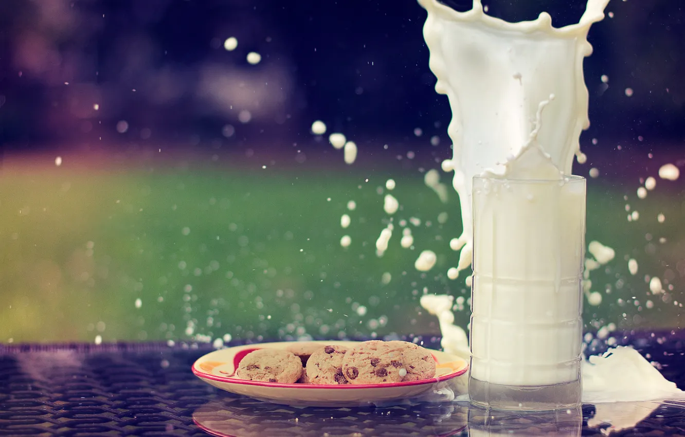 Photo wallpaper glass, splash, milk, plate, pechenihi