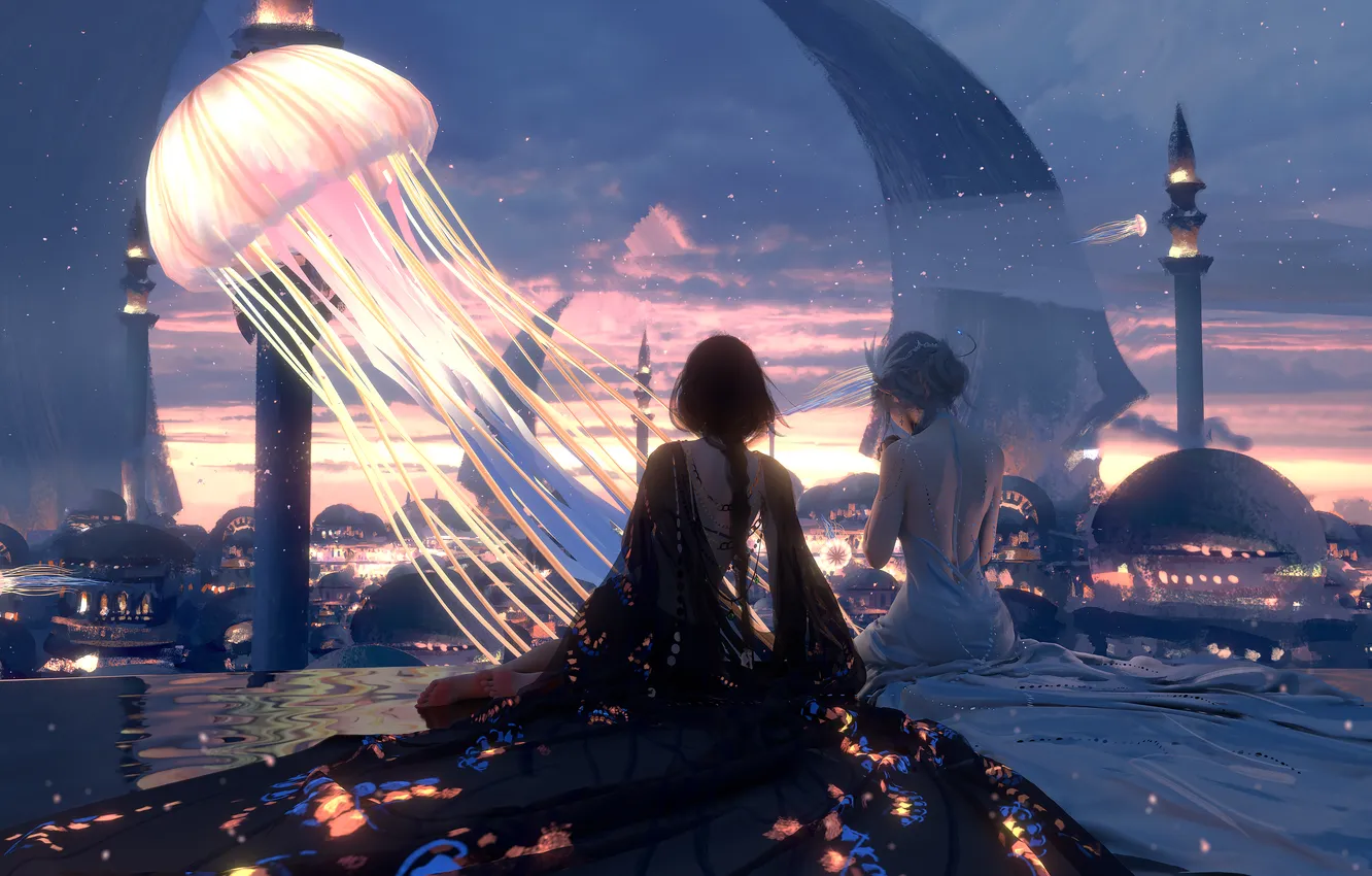 Photo wallpaper girl, the city, fantasy, jellyfish, Ghost Blade, Wlop, Princess Aeolian, Princess Yan