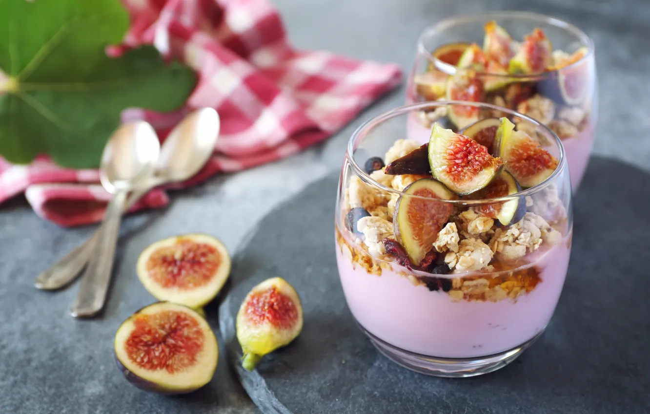 Photo wallpaper berries, Breakfast, muesli, yogurt, figs