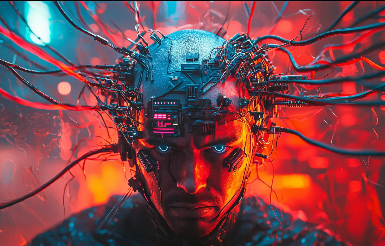 Photo wallpaper face, colorful, male, cyborg, cyberpunk, blue eyes, men, blurred background