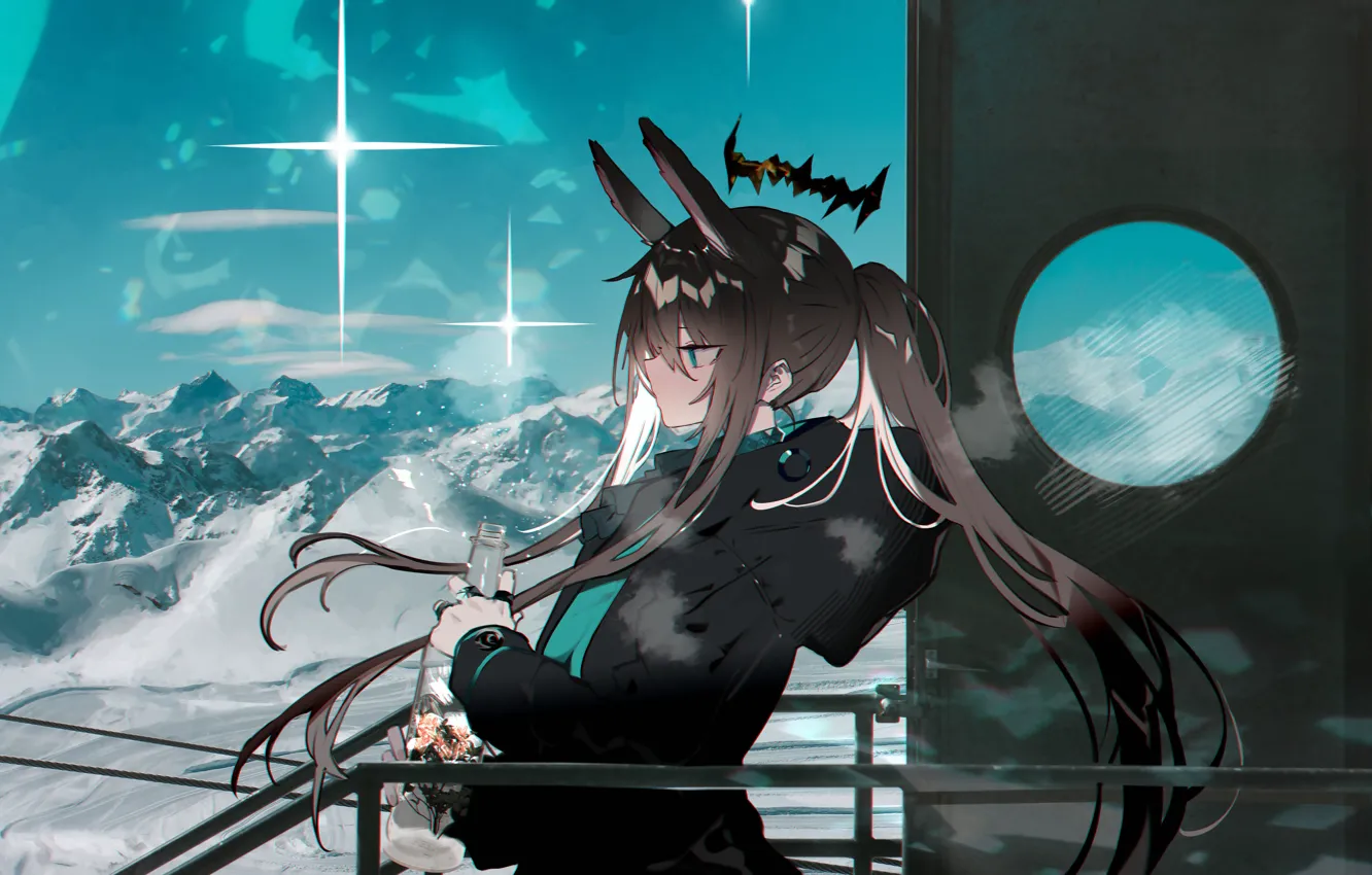 Photo wallpaper flowers, bottle, snow, girl, ears, Arknights, Amiya