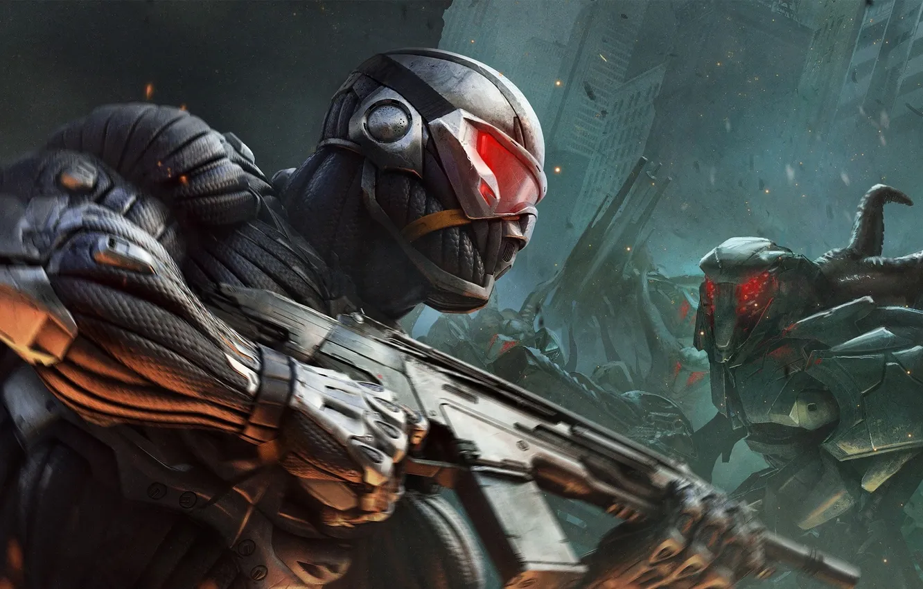 Photo wallpaper alien, fight, nanosuit, crysis 2