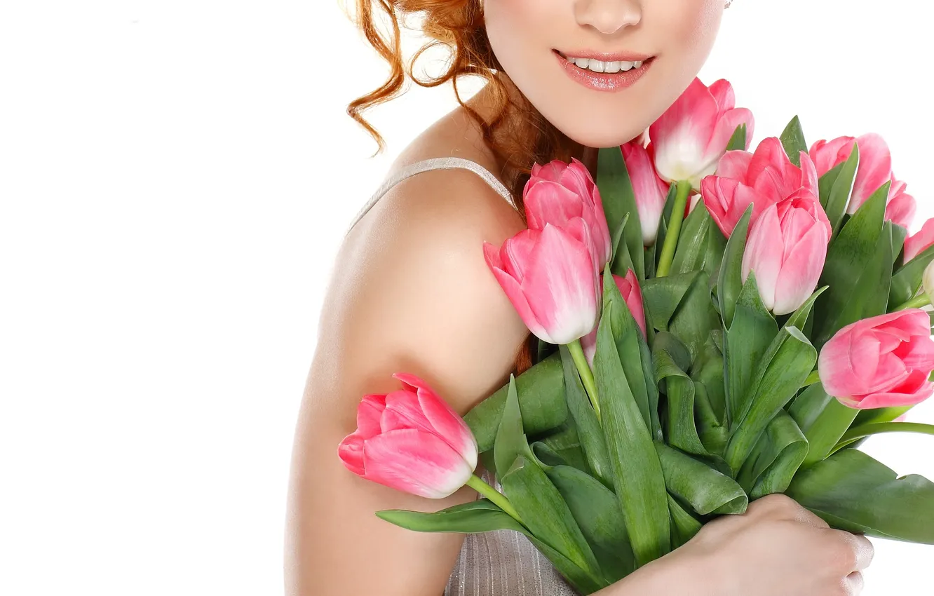 Photo wallpaper girl, flowers, hair, hands, tulips, to do