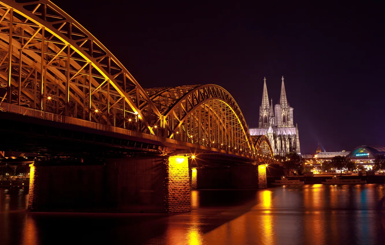 Photo wallpaper water, light, night, bridge, the city, reflection, Germany, Church