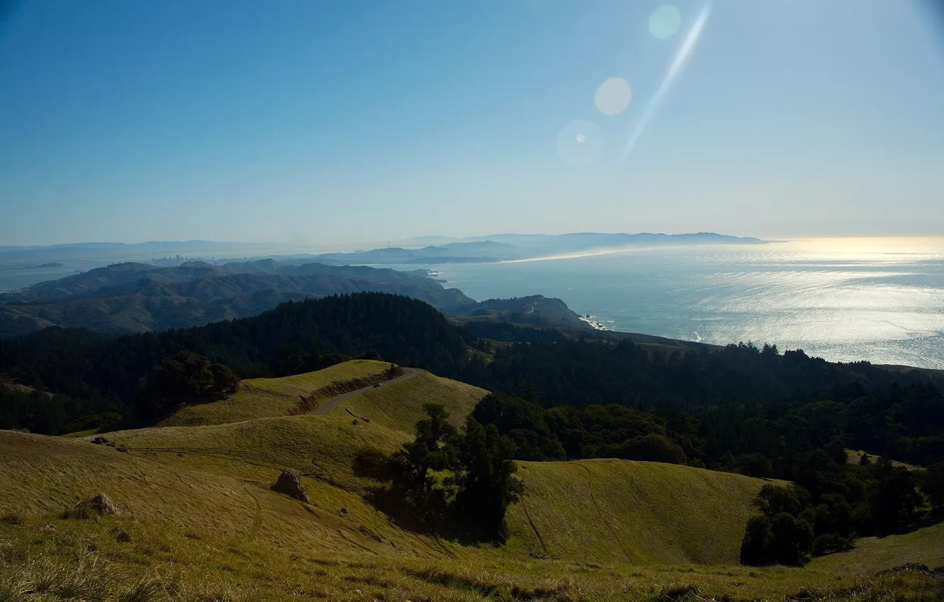 Photo wallpaper road, sea, forest, summer, the sun, rays, trees, landscape