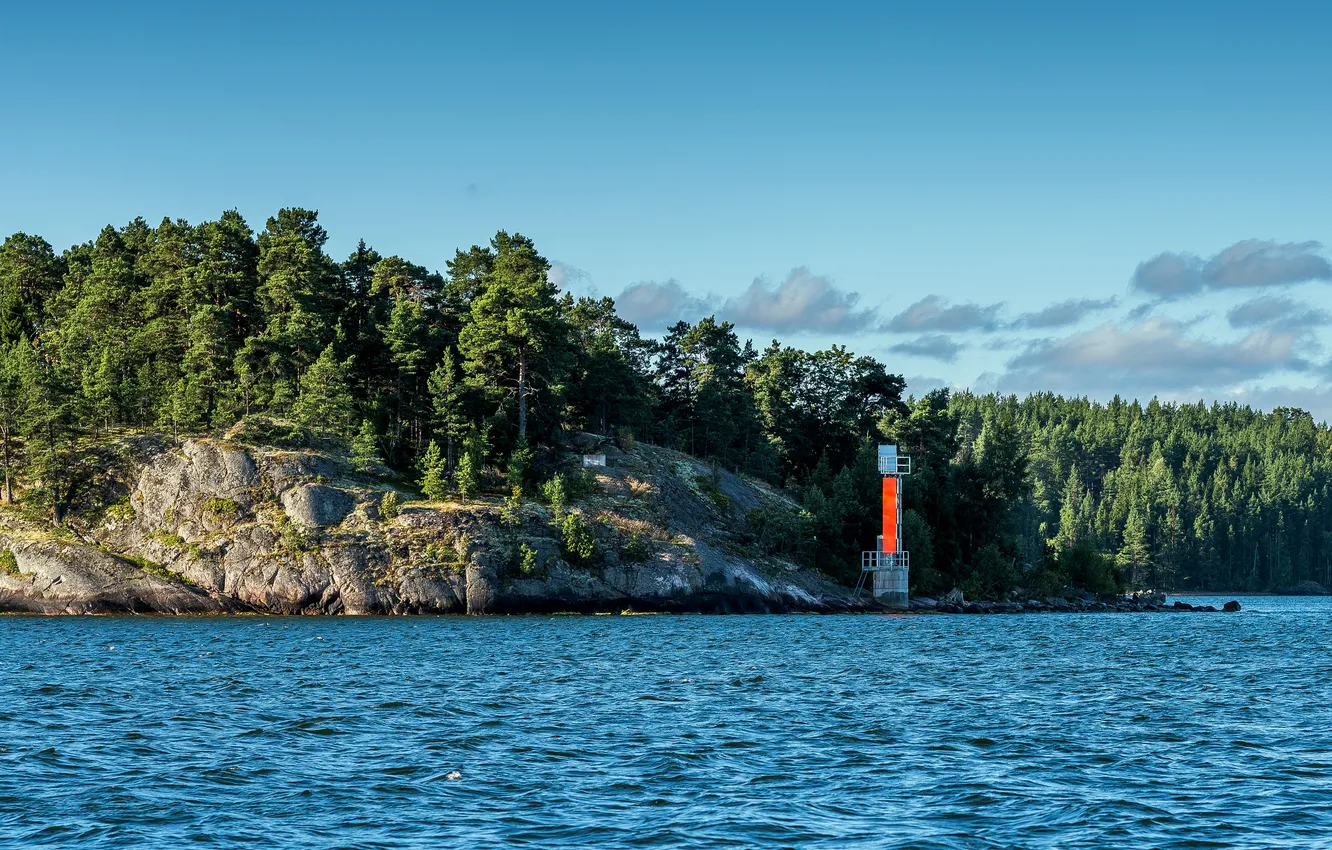 Photo wallpaper forest, trees, river, shore, Sweden, rocky, Stockholm