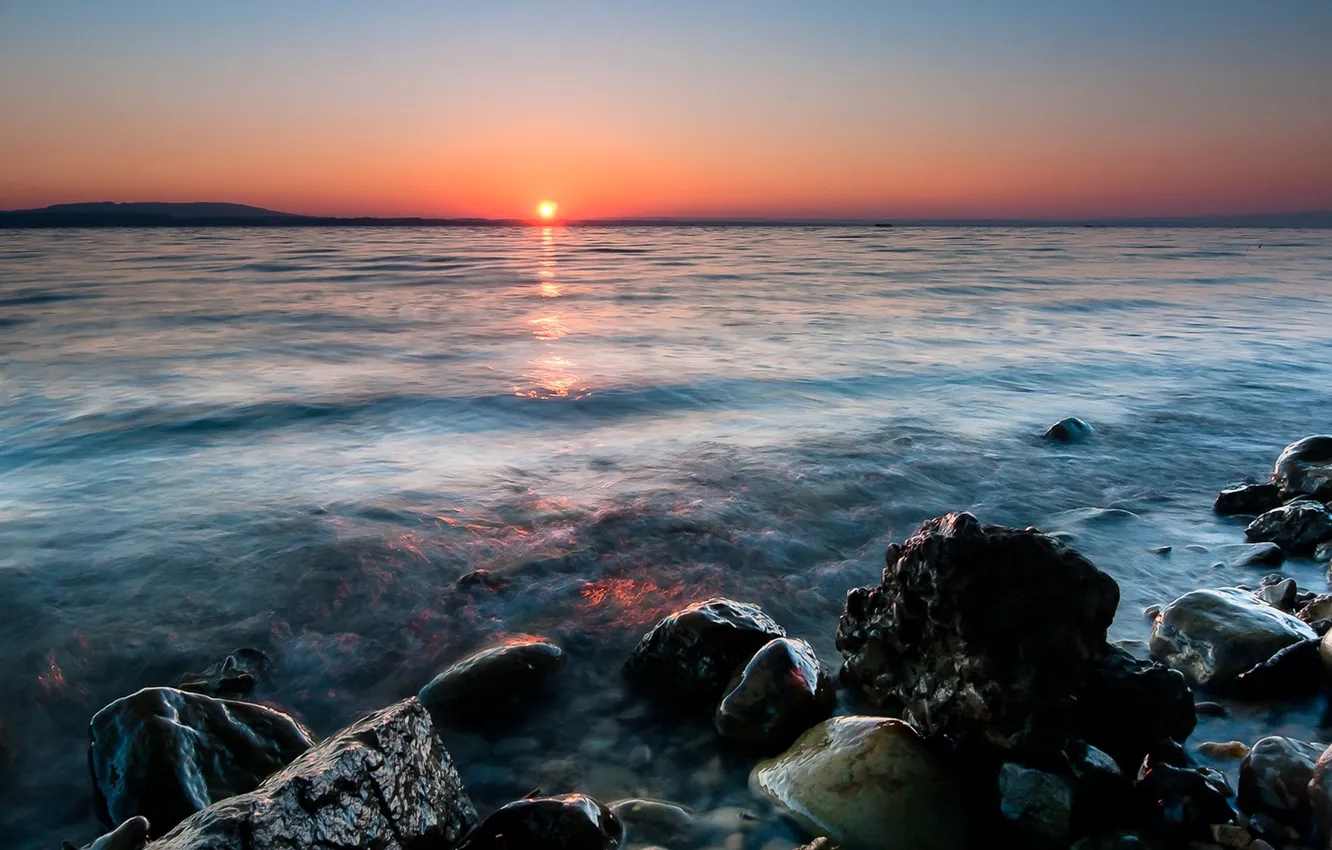 Photo wallpaper sea, the sun, sunset, stones