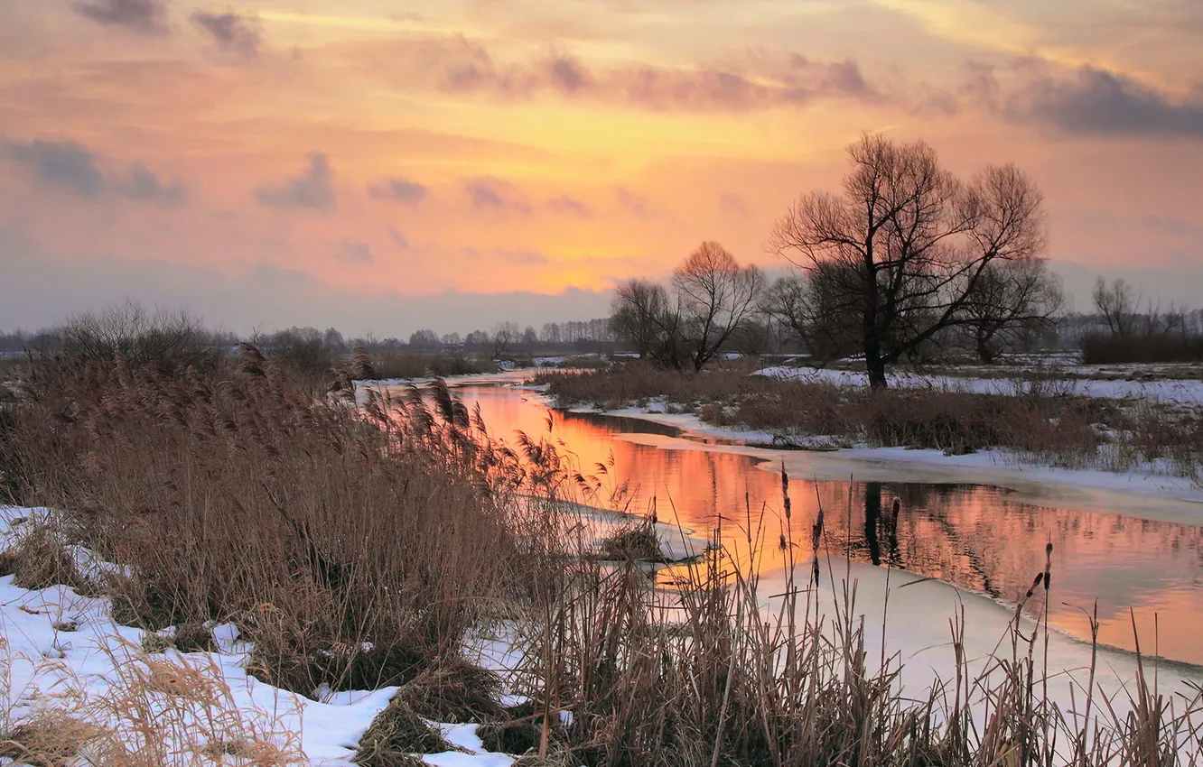 Photo wallpaper snow, sunset, river