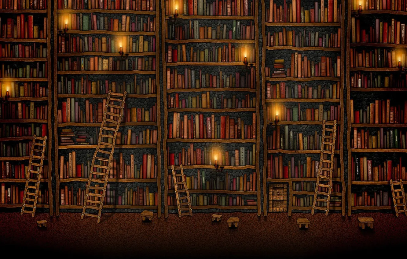 Photo wallpaper books, stairs, library, shelves with books