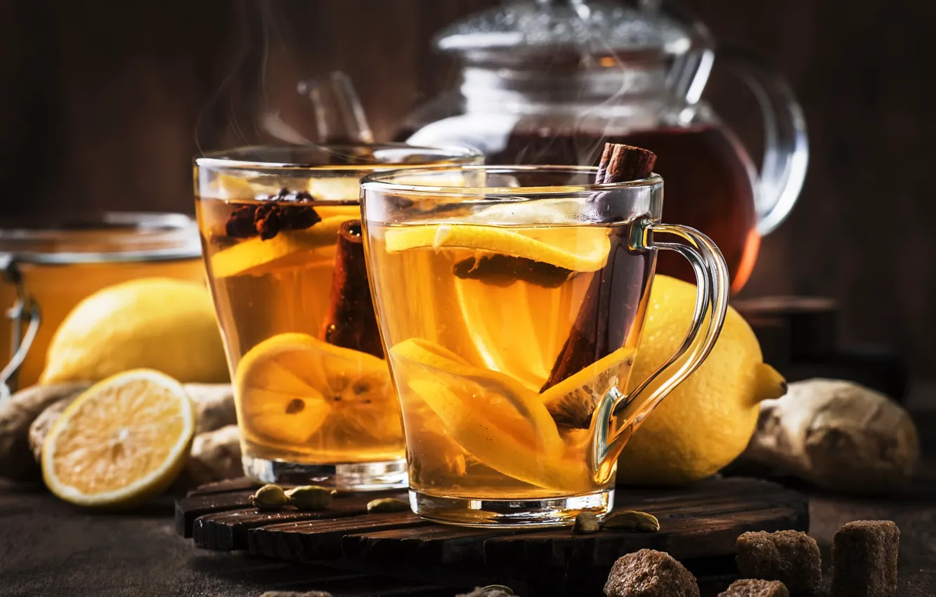 Photo wallpaper glass, comfort, heat, lemon, tea, Board, glass, kettle