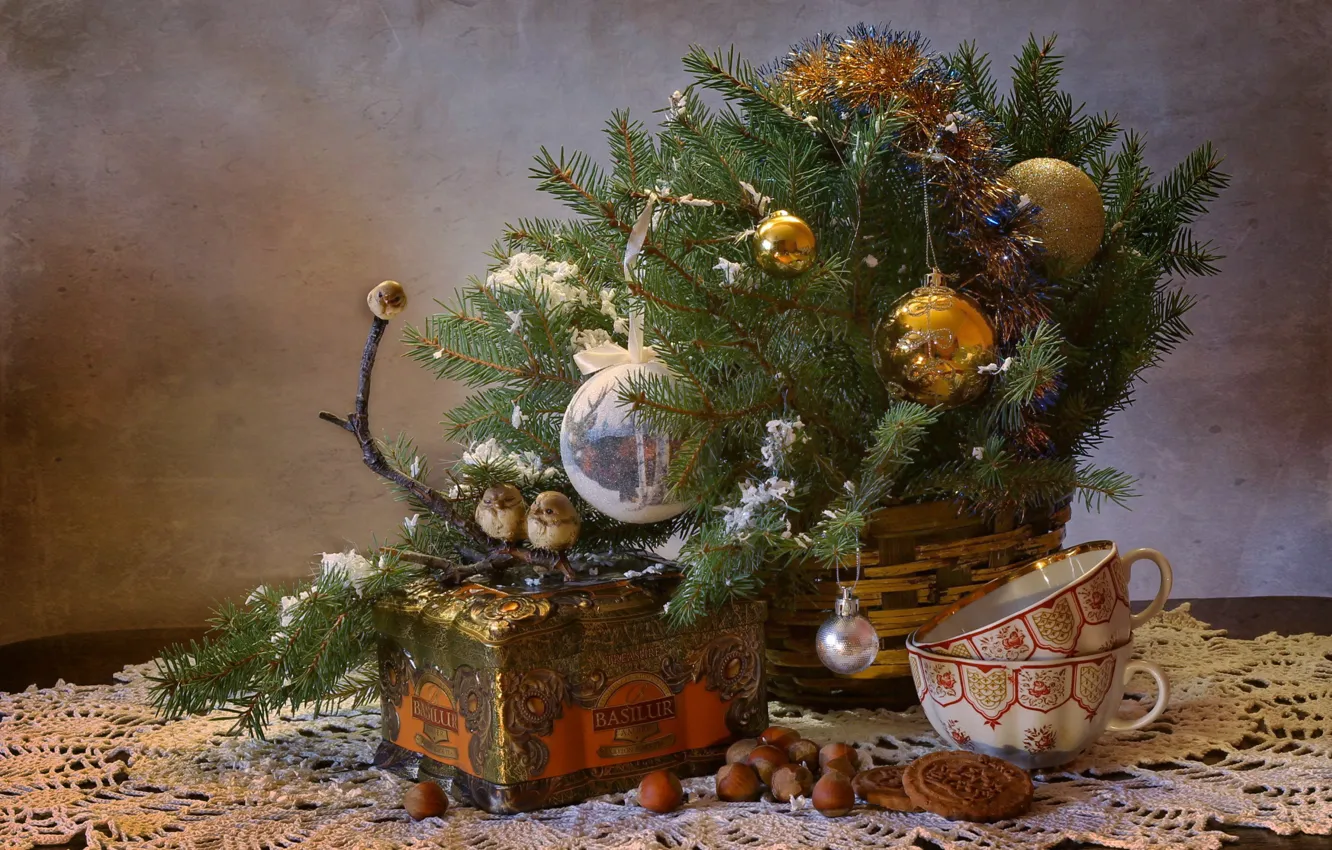 Photo wallpaper winter, tea, tree, new year, Christmas, birds, nuts, still life