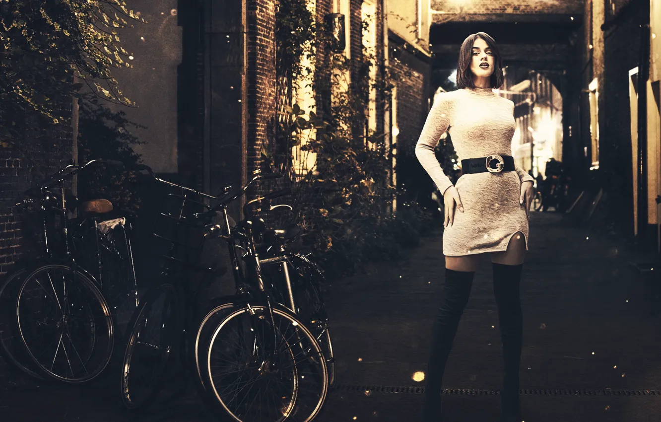 Photo wallpaper girl, bike, the city, pose, street, skirt, the evening, dress