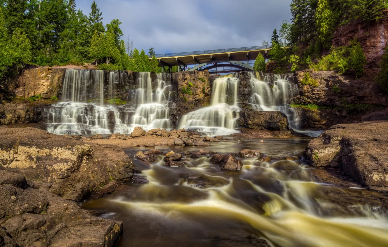 Photo wallpaper bridge, river, waterfall, cascade, Mn, Minnesota, Gooseberry Falls, Gooseberry Falls State Park