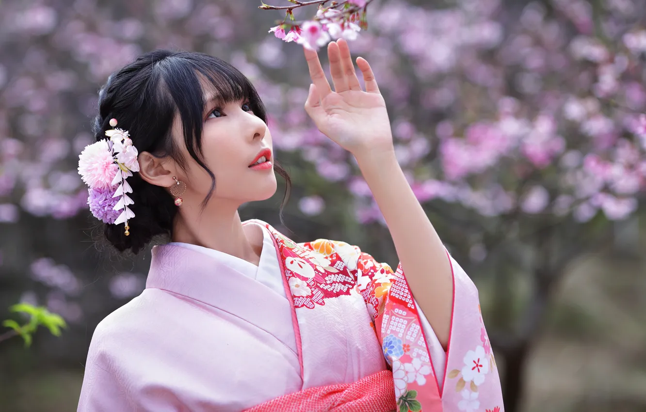 Photo wallpaper kimono, brown eyes, blurred background, brown eyes, kimono, femininity, blurred background, japanese girl