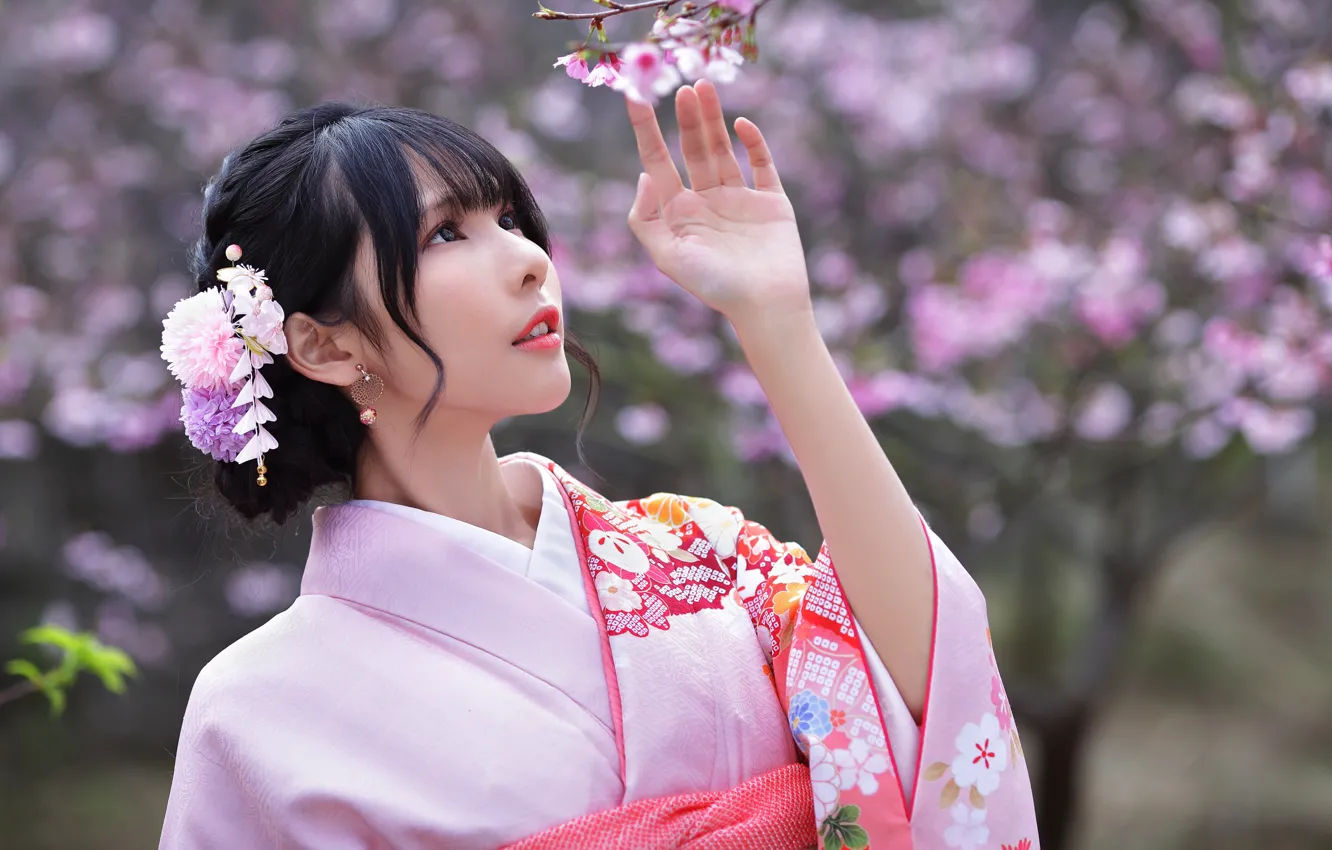 Photo wallpaper kimono, brown eyes, blurred background, brown eyes, kimono, femininity, blurred background, Sakura