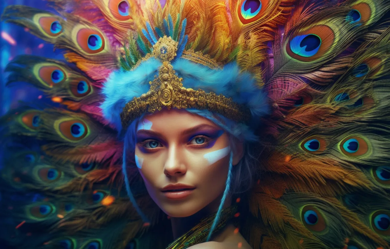 Photo wallpaper look, girl, decoration, face, style, fantasy, bird, portrait