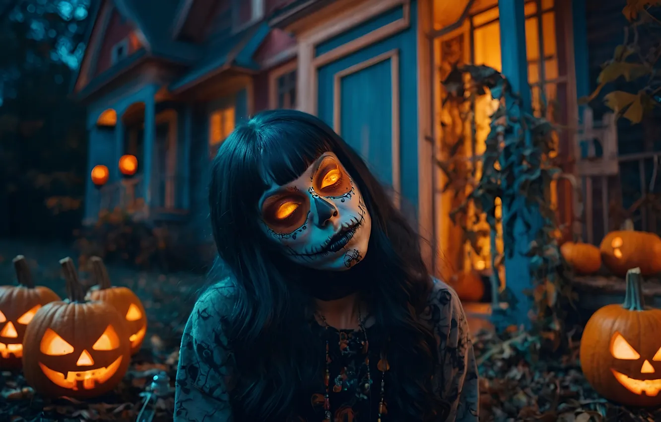 Photo wallpaper autumn, girl, night, lights, pose, skull, home, brunette