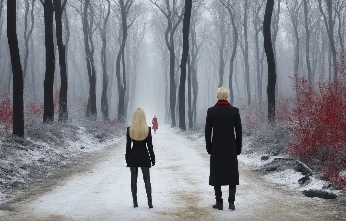Photo wallpaper winter, forest, girl, meeting, guy