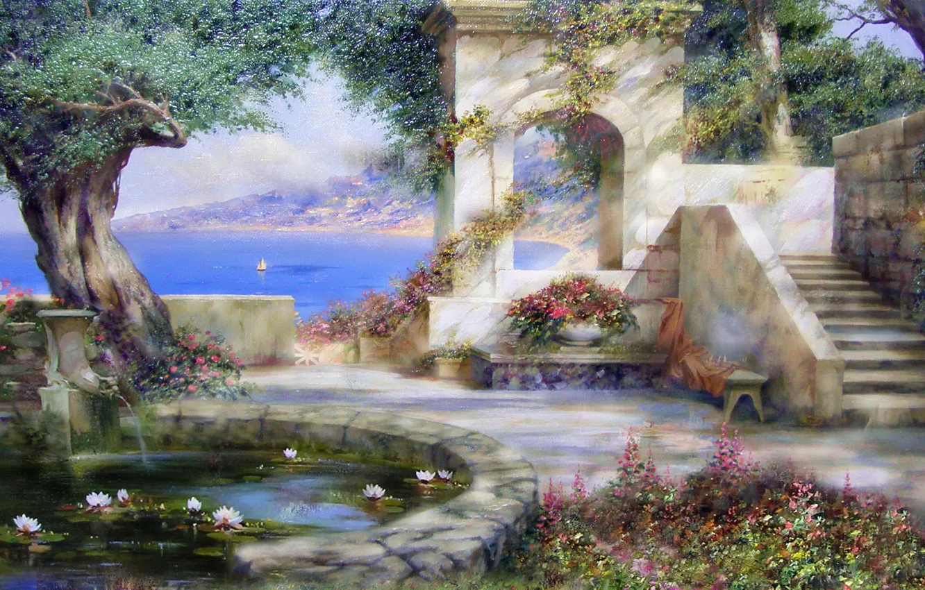 Photo wallpaper sea, summer, joy, flowers, pond, tree, Paradise, The sun