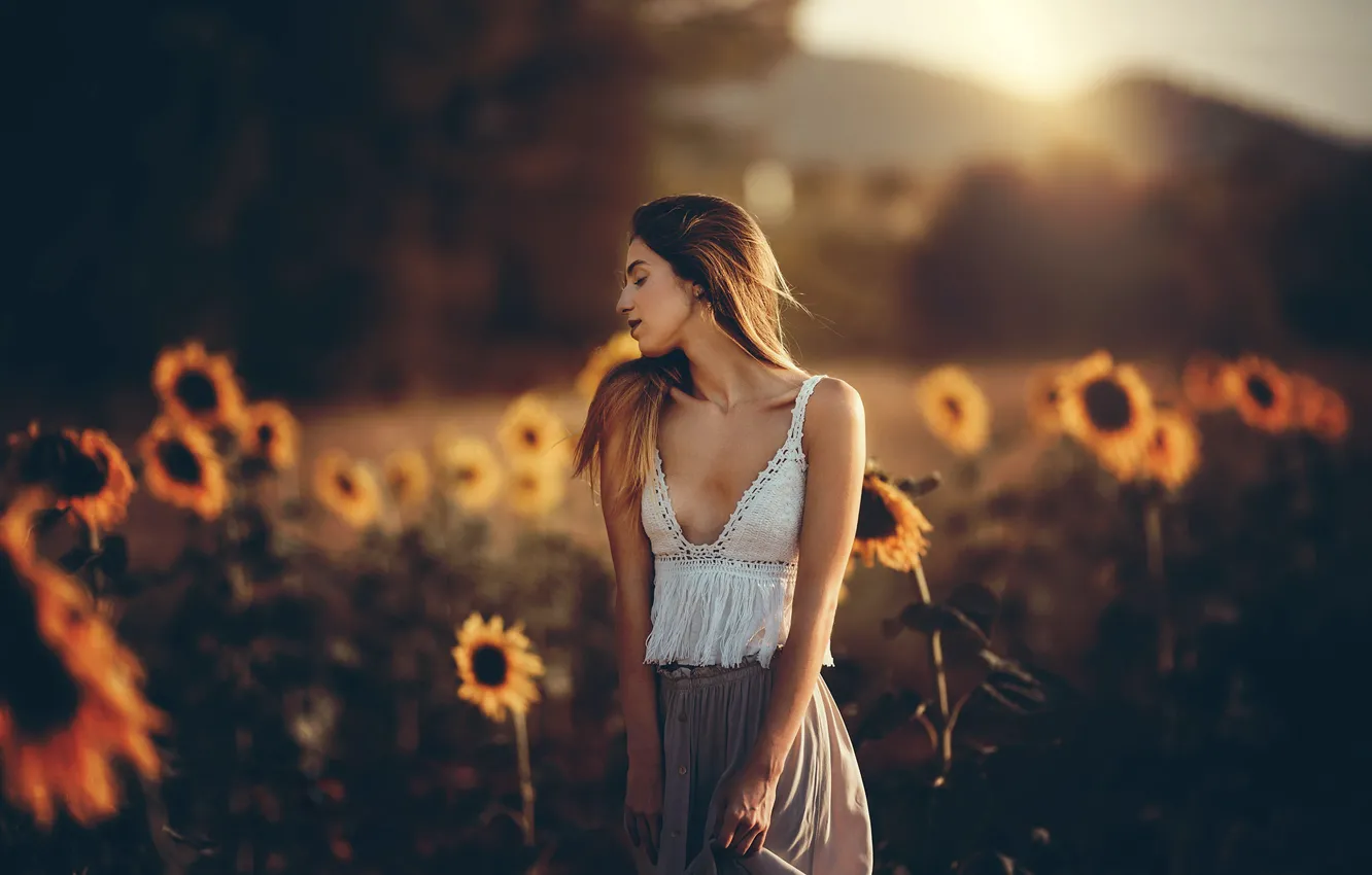 Photo wallpaper girl, sunflowers, mood