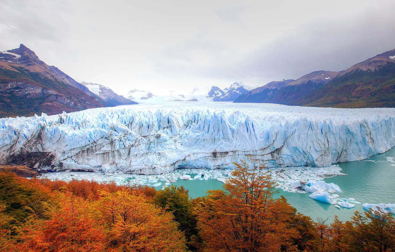 Photo wallpaper autumn, the sky, trees, landscape, mountains, glacier