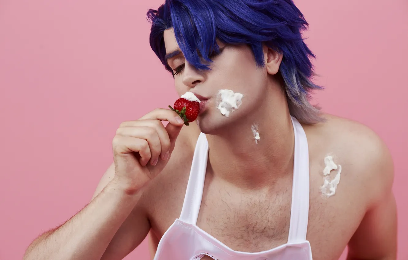 Photo wallpaper strawberry, guy, cream, blue hair, cosplay, apron, cosplay, Genshin Impact