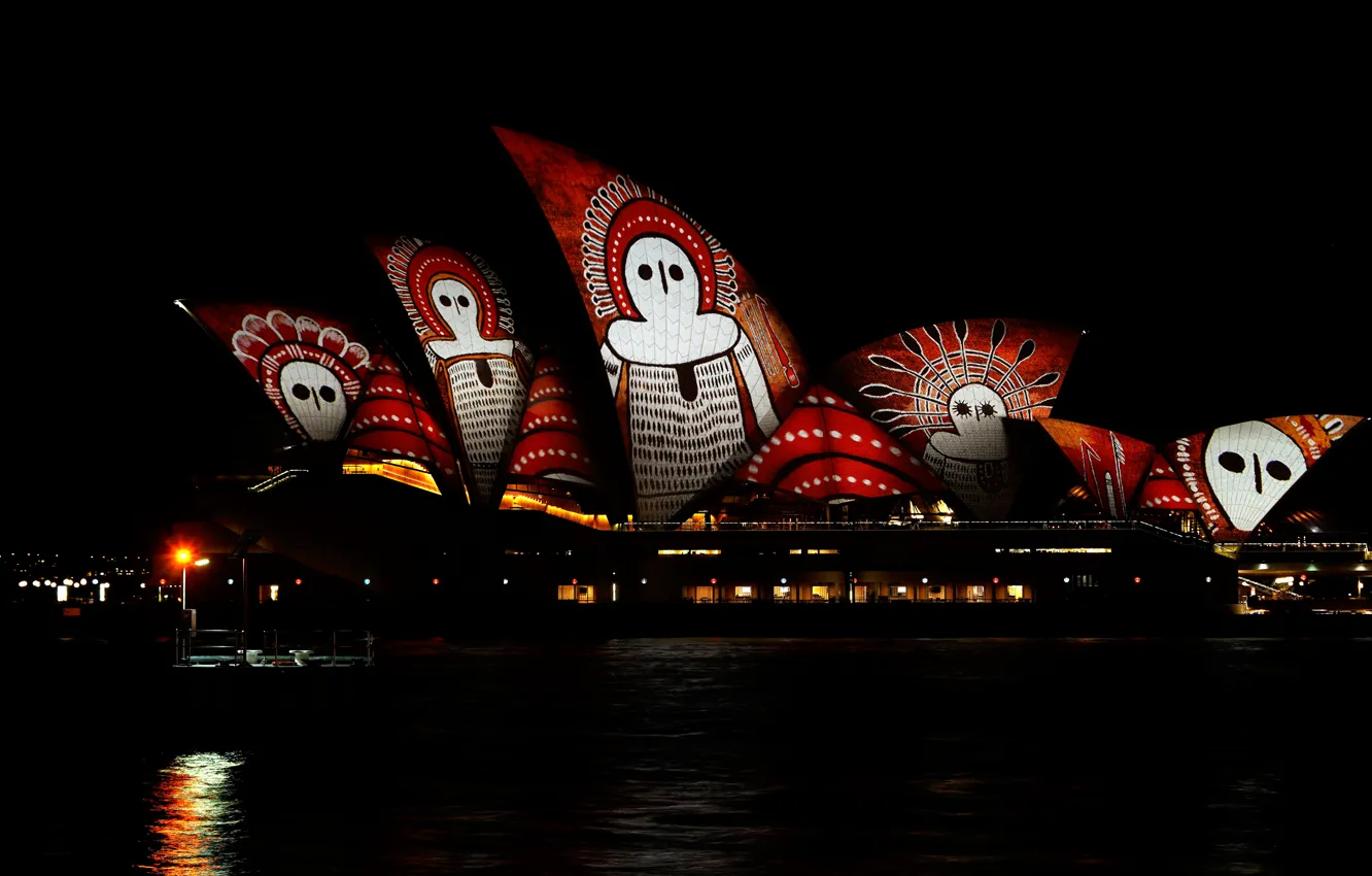 Photo wallpaper sea, water, night, red, the city, lights, darkness, holiday