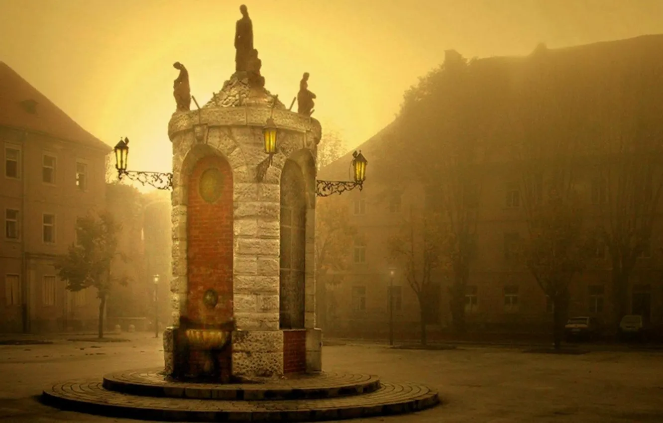 Photo wallpaper the city, fog, morning, area, square, sunrise, Town