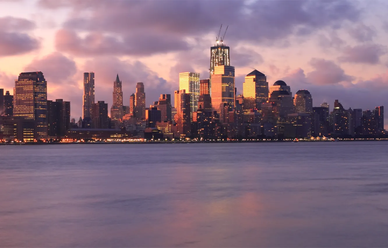 Photo wallpaper the sky, clouds, sunset, clouds, lights, river, building, New York