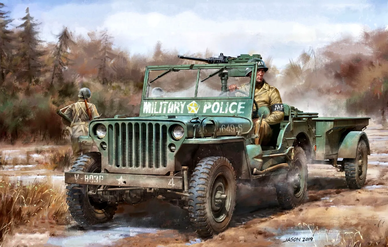 Photo wallpaper USA, Driver, terrain, Willys MB, Browning M2, Military police, army vehicle