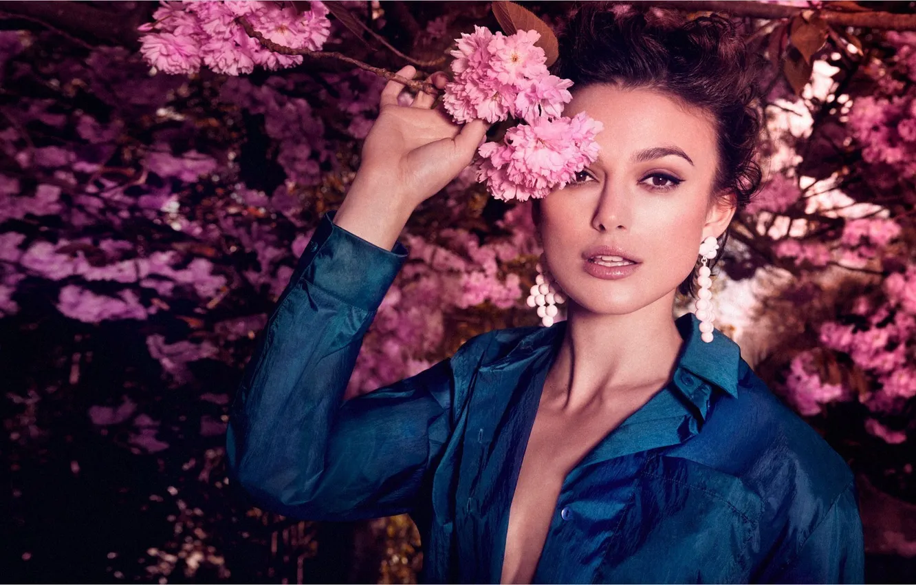 Photo wallpaper flowers, photo, actress, Keira Knightley, pink, Keira Knightley