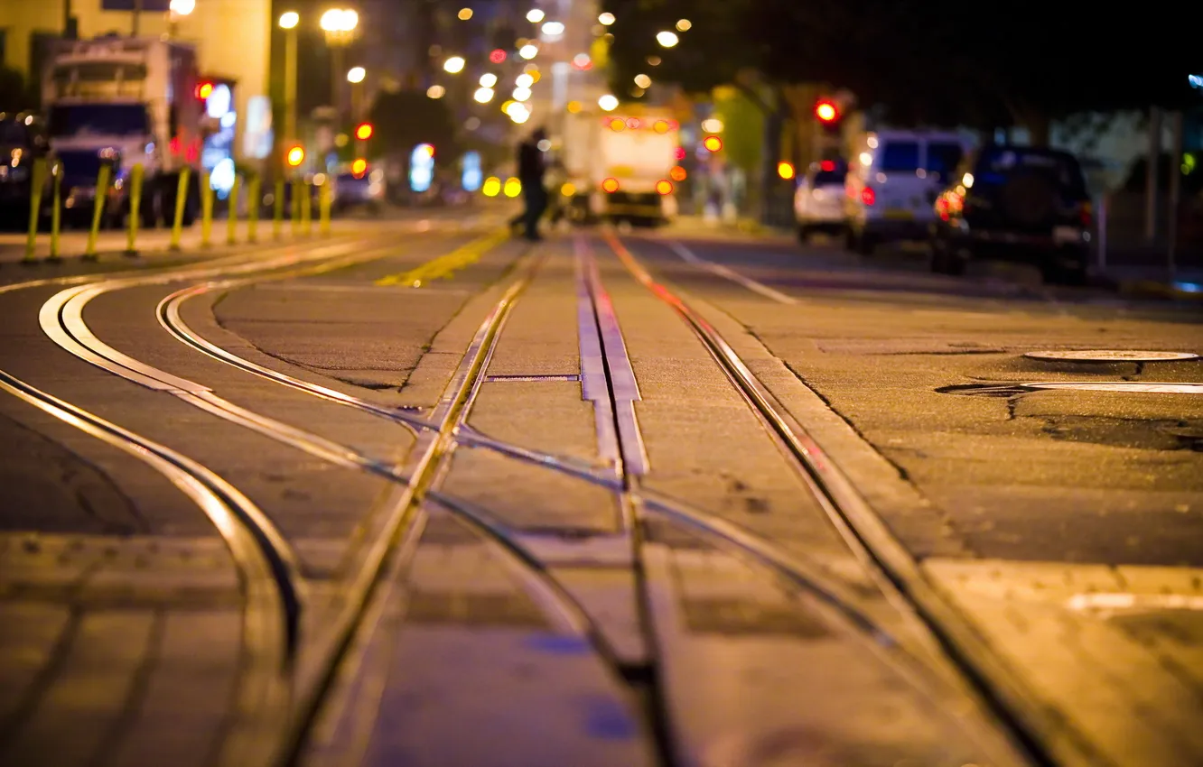 Photo wallpaper night, the city, street, rails