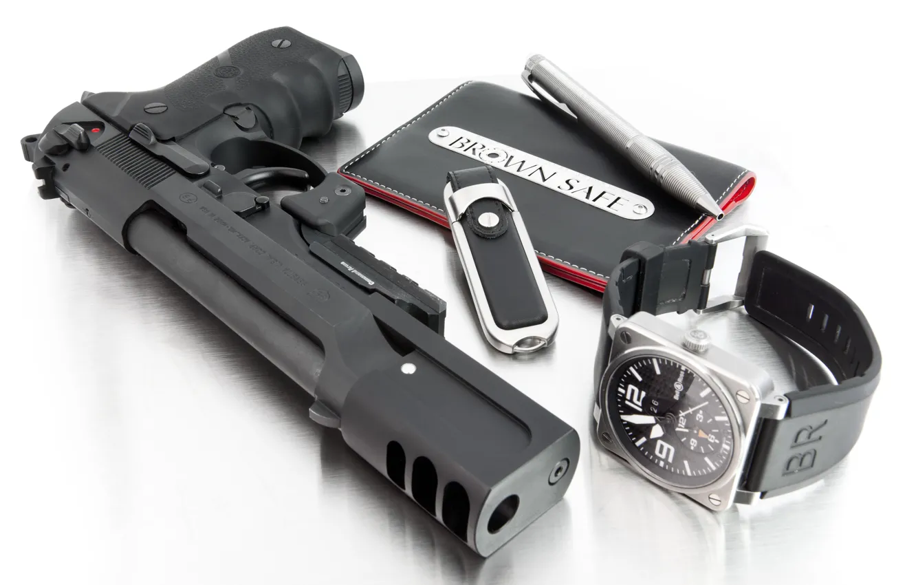 Photo wallpaper watch, handle, keychain, 9mm, Beretta, wallet, muzzle brake compensator