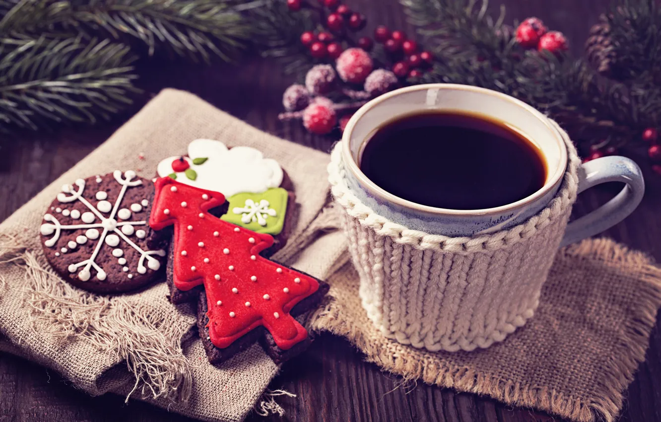 Photo wallpaper tea, tree, cookies, Cup, New year, Christmas, cakes, cup