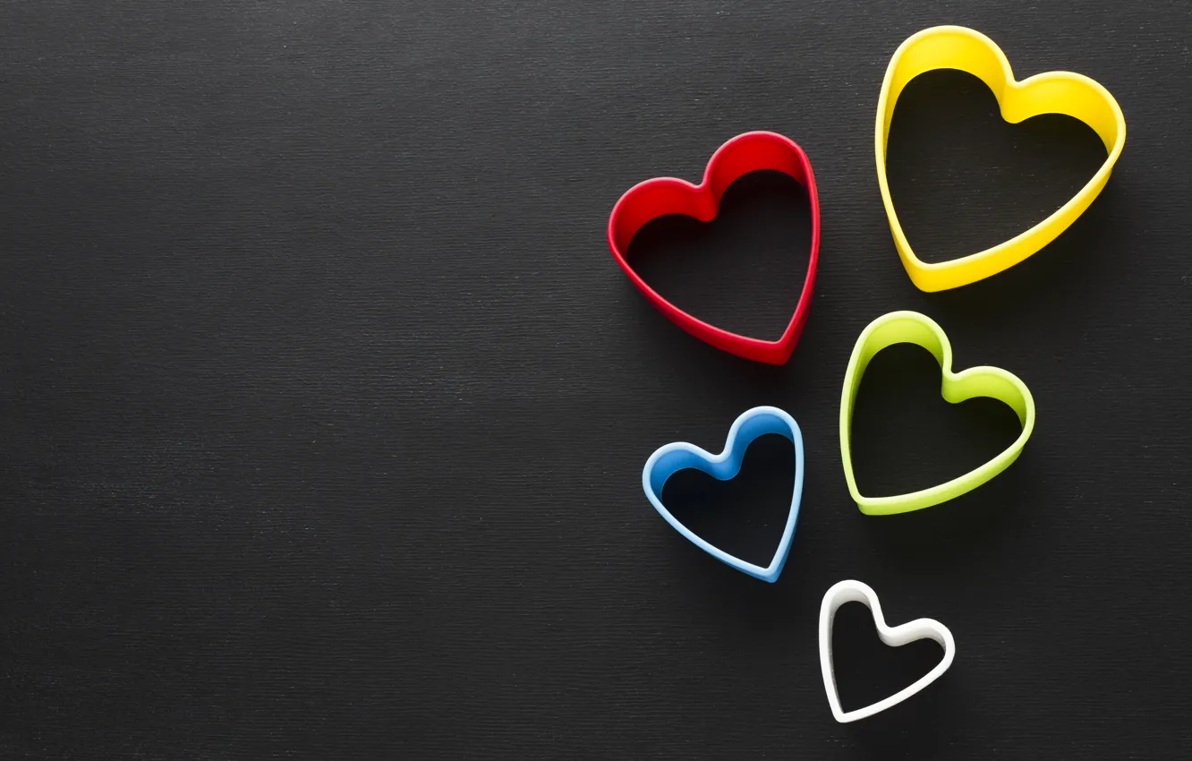 Photo wallpaper table, holiday, heart, hearts, black background, colorful, Valentine's day, Valentine's day