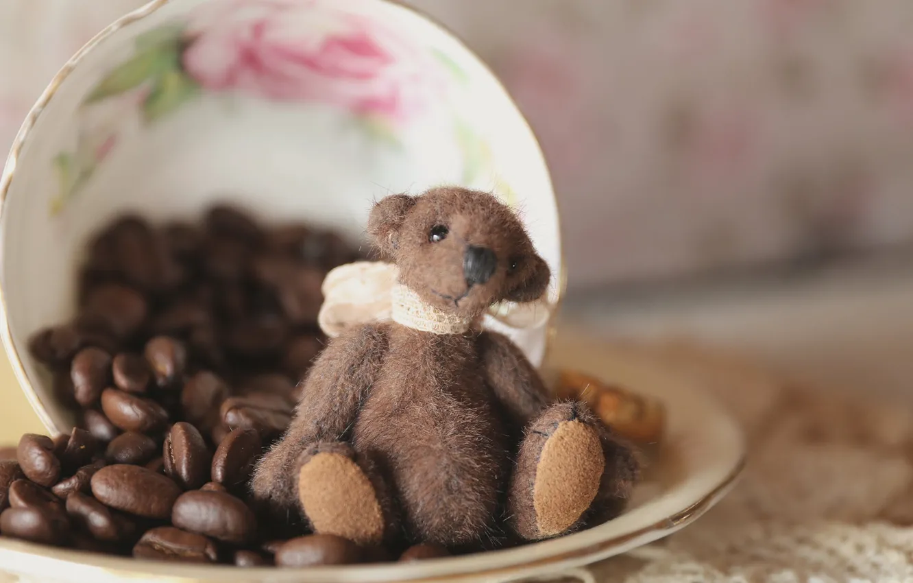 Photo wallpaper childhood, background, toy, coffee, bear, bear, Cup, bear