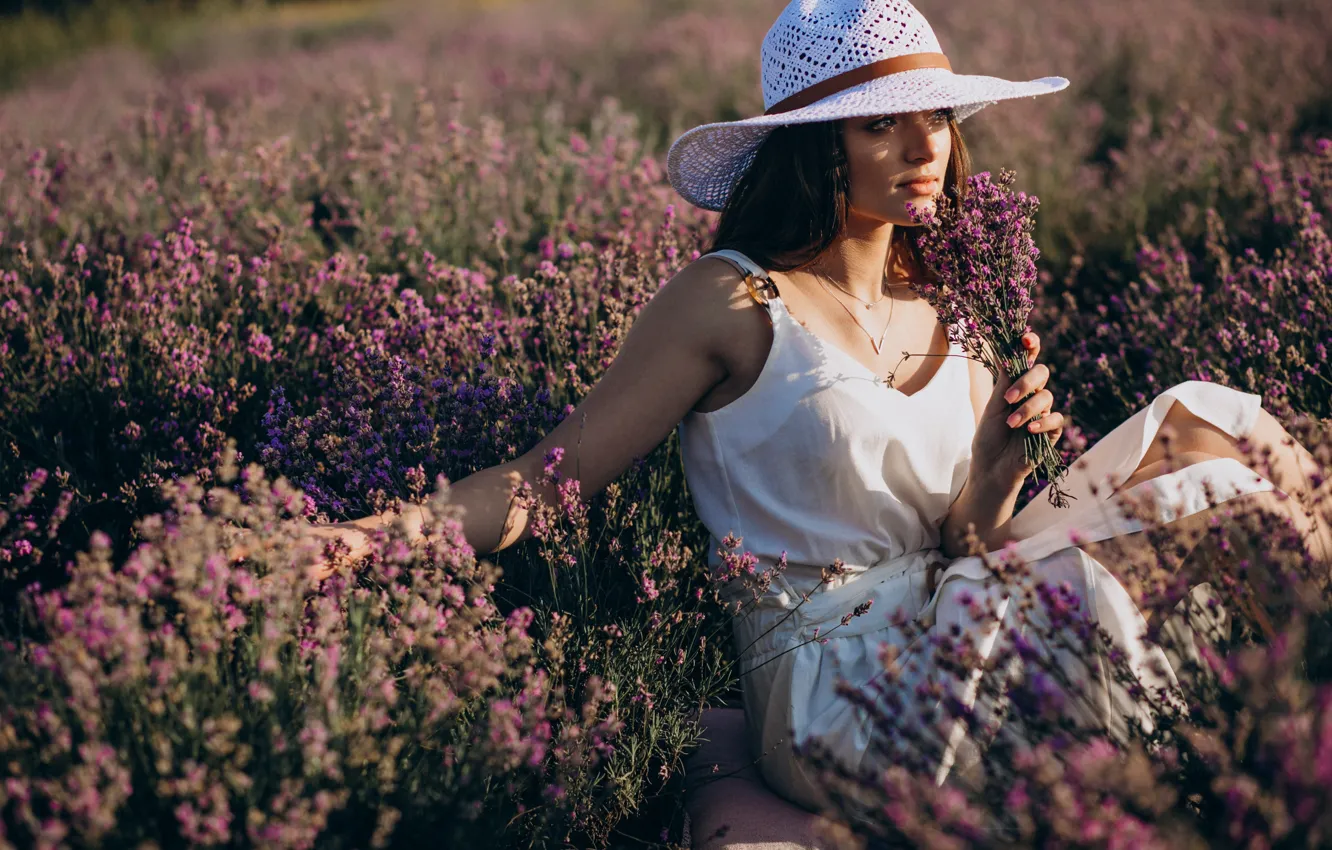 Photo wallpaper girl, flowers, portrait, hat, lavender, lavender field